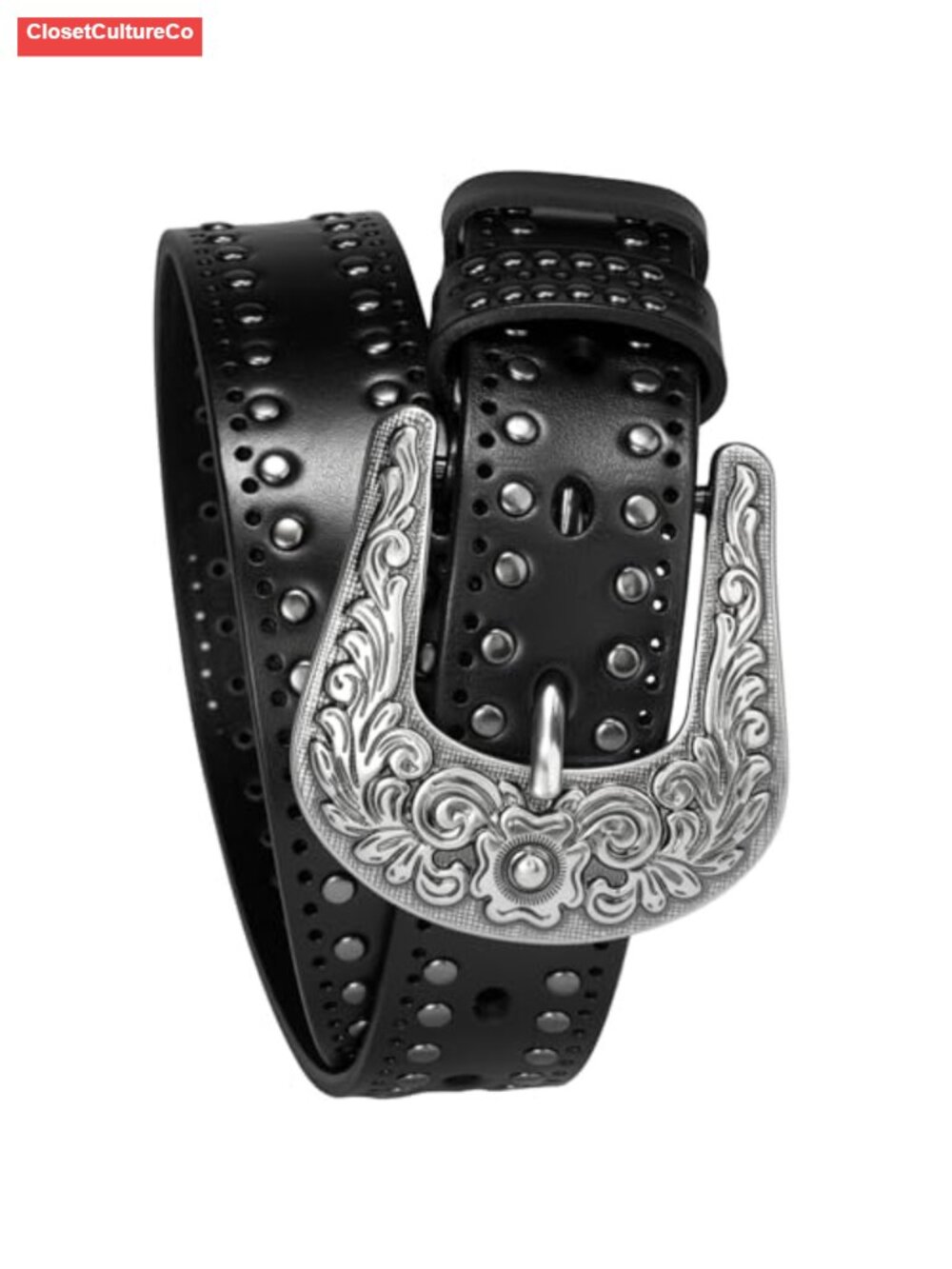 Womens Full-Grain Leather Western Belt Studded Silver Buckle 35mm
